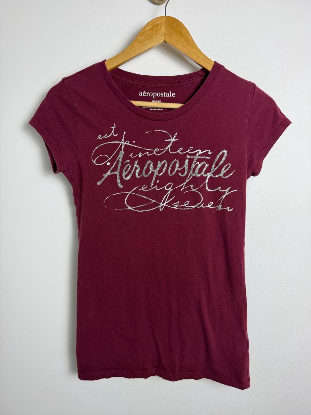 Aeropostale Y2K Fitted Baby Tee Burgundy Silver Logo M